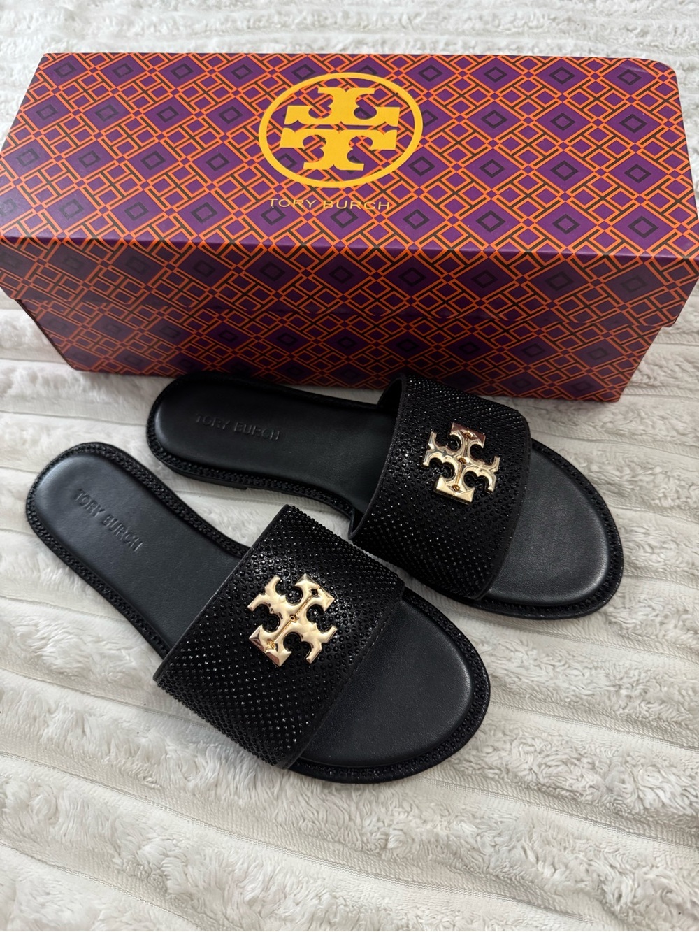 Tory Burch Black Slide Sandals with Gold Logo Medallions